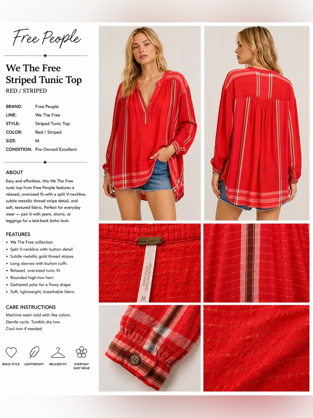Free People We The Free Red Metallic Stripe Boho Tunic Blouse Women’s Medium